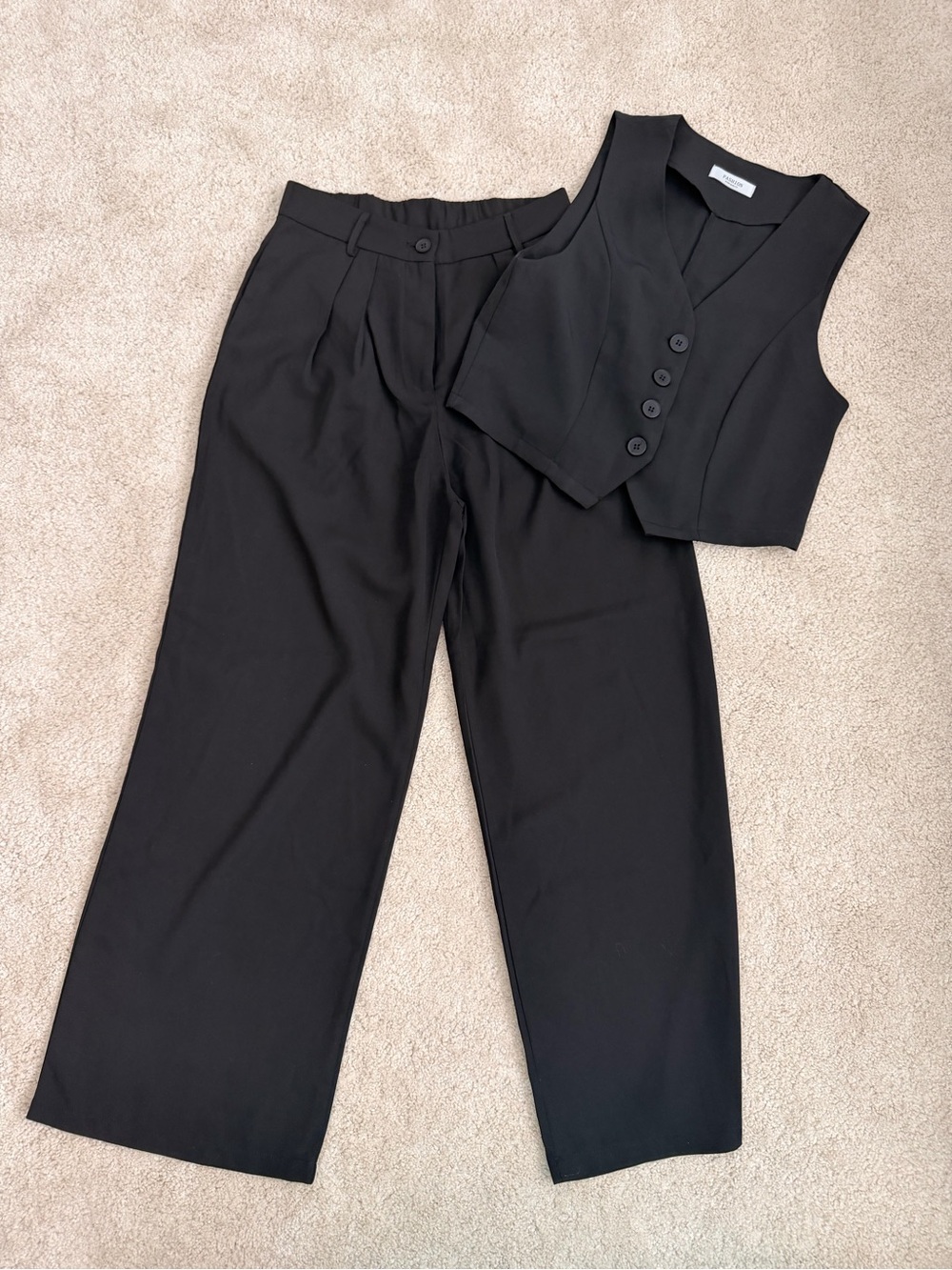 Black High-Waist Wide Leg Pants with Matching Vest
